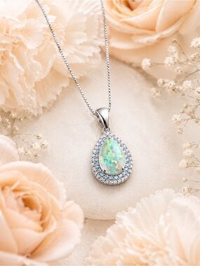 Sterling Teardrop Opal Pendant Necklace - Iridescent Opal